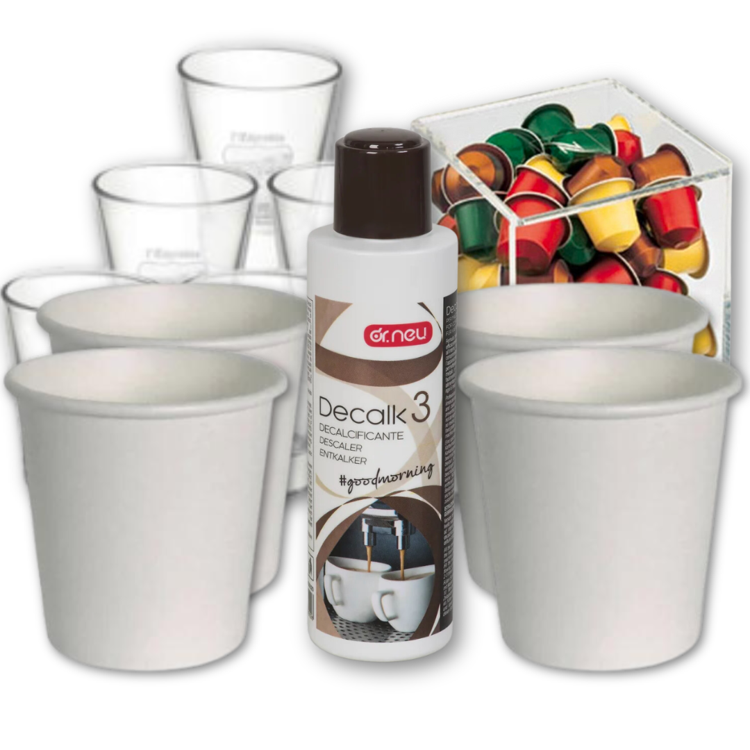 1000 bicchierini di carta + Decalcificante + Set 6 bicchierini di vetro Gattopardo + Porta Capsule L'or (Prodotto per Programma Fedeltà)